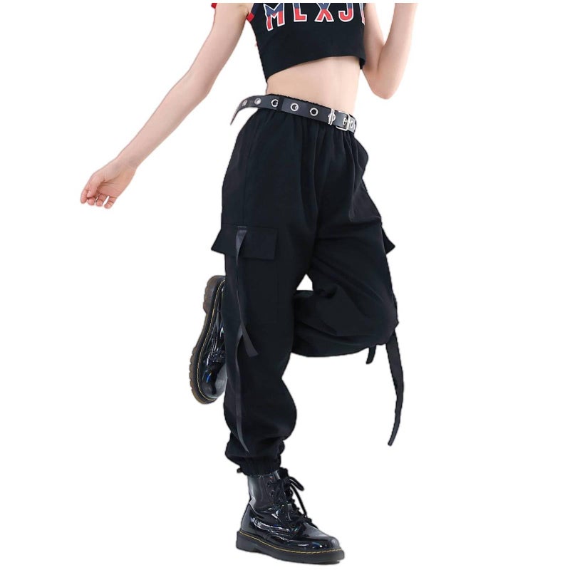 Rolanko Kids Cargo Pants Trousers Jogger with Pockets for Girls Street Hip Hop Dance Clothes (Black, 10-12) - Image 1